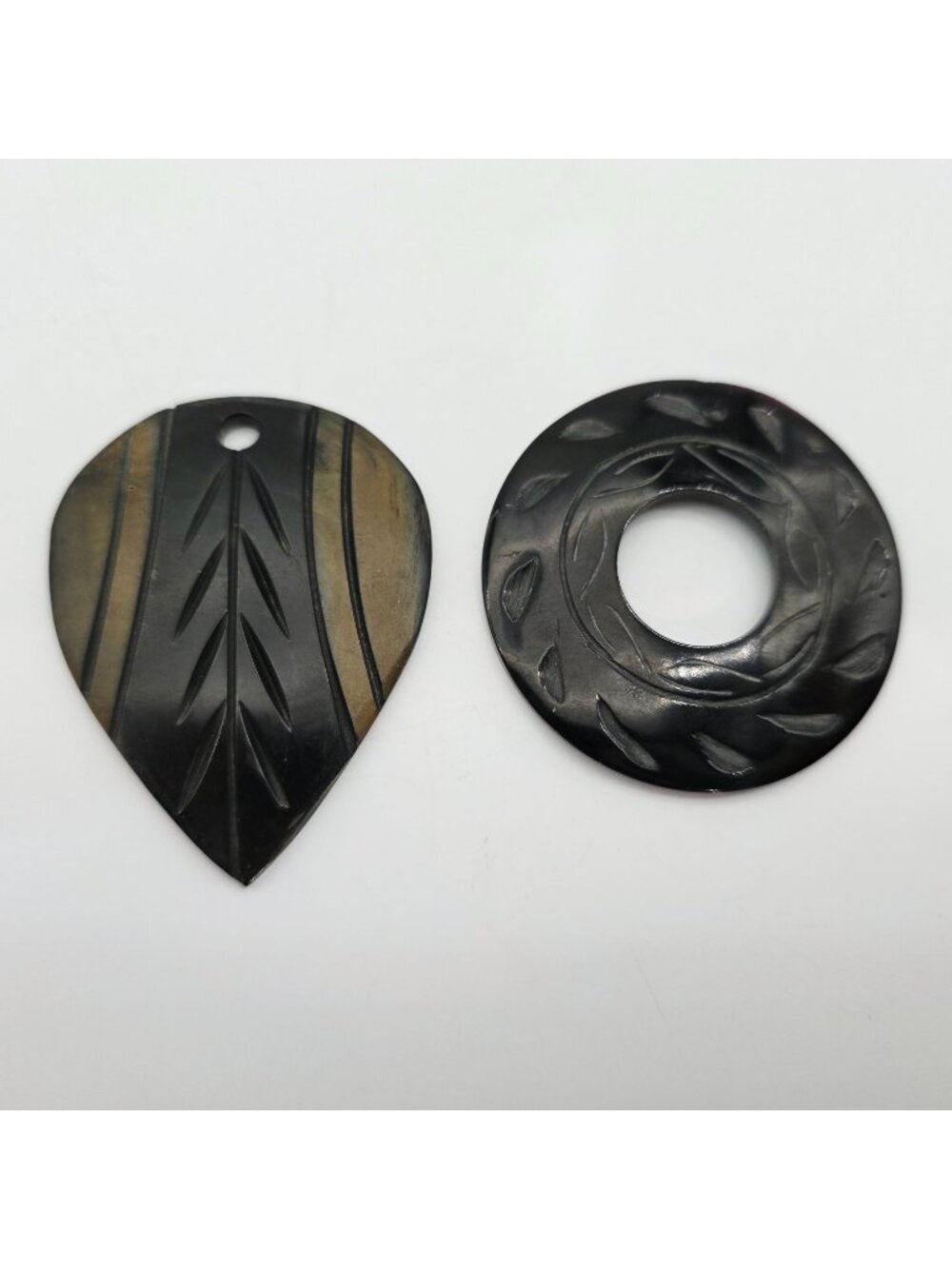 Black and brown Carved Shell Bone Pendant Pair Leaf & Circle Design
